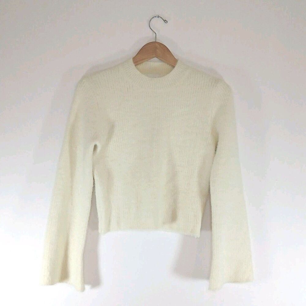 Pinch Fuzzy Ribbed Bell Sleeve Sweater Cream Ivory Small Boho Soft Girl Coquette